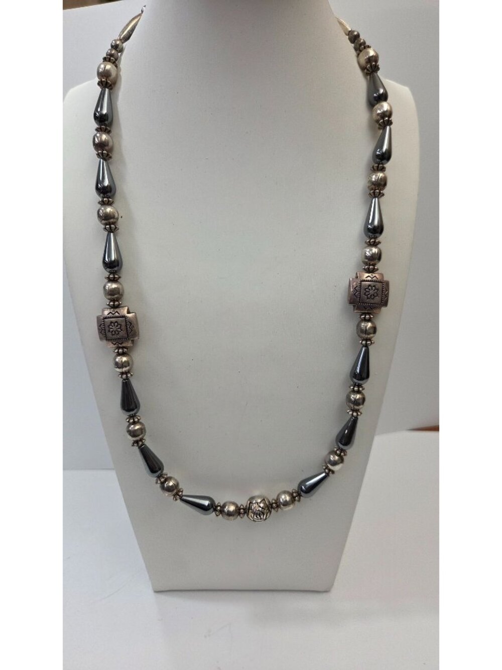 Vintage Hematite  & Hand-Carved 925 Silver Beaded Necklace 23"